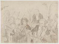 KT 2212
<br/>
Deel van een symfonieorkest met een paukenist, een hoboïst, cellist, drie violisten, een zangeres en de hand van een dirigent.
<br/>
<em>Kamerlingh Onnes, Harm Hendrick (1893-1985)</em>